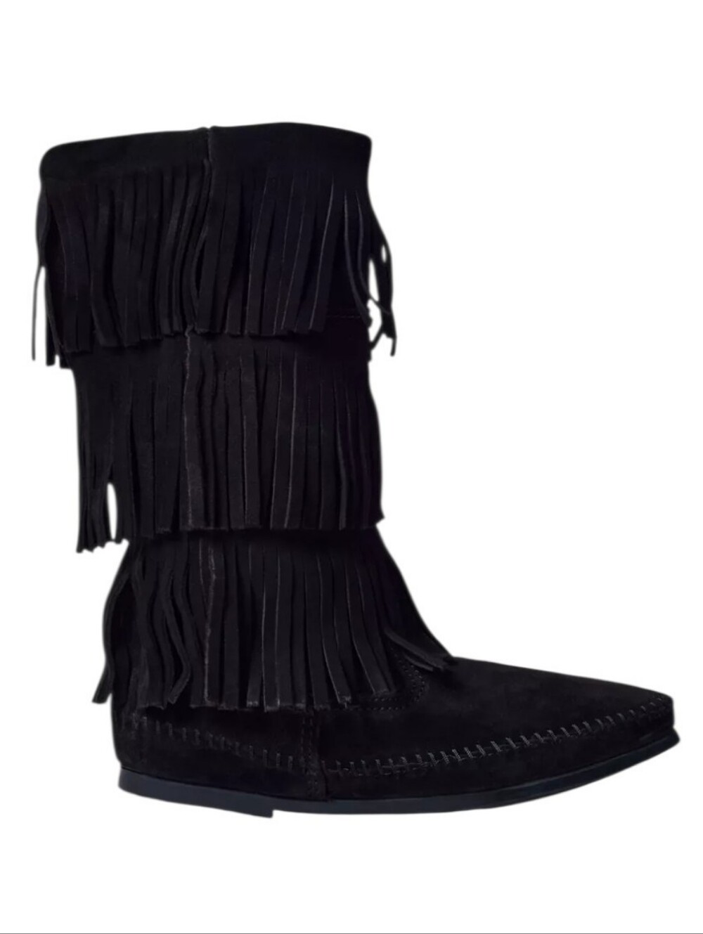 Minnetonka Suede Layered Fringe Boots Size 8 Black Flat Moccasin Southwestern